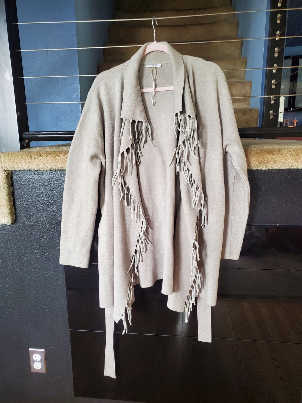 Fringed Open-Front Women's Sweater Cardigan, Taupe